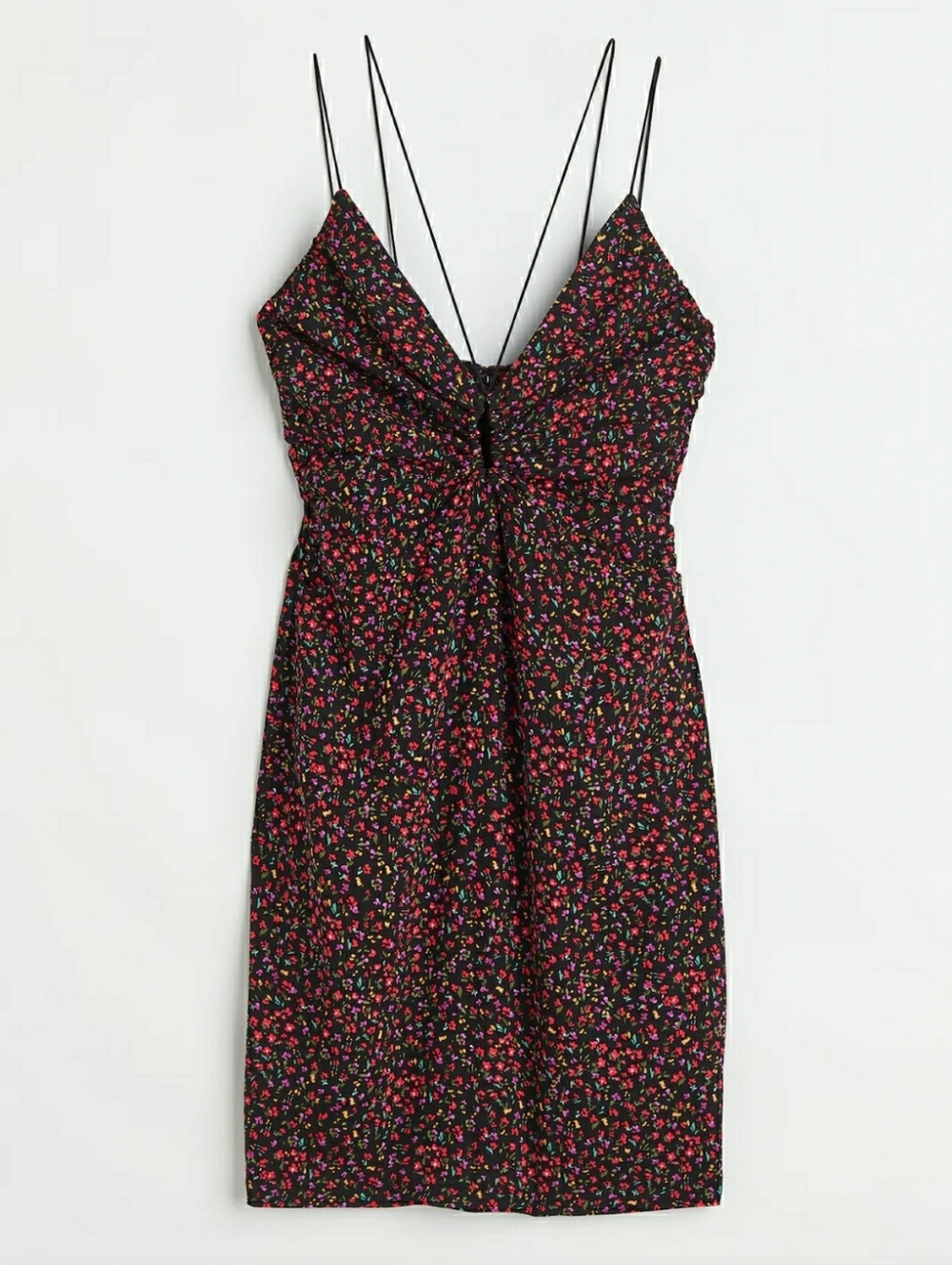 H&M Women's Black/Small Flowers V-Neck Keyhole-Detail Mini-Dress. Size: Small